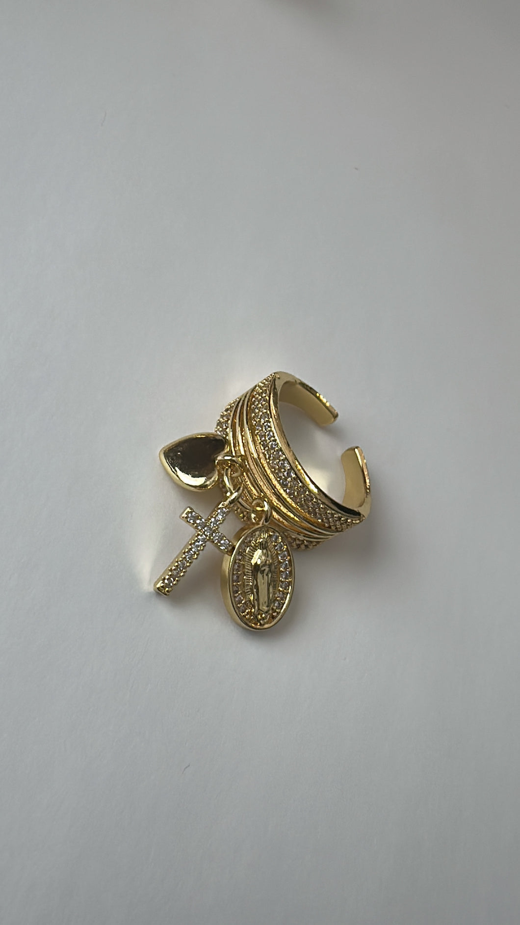 Cross, heart & virgin ring