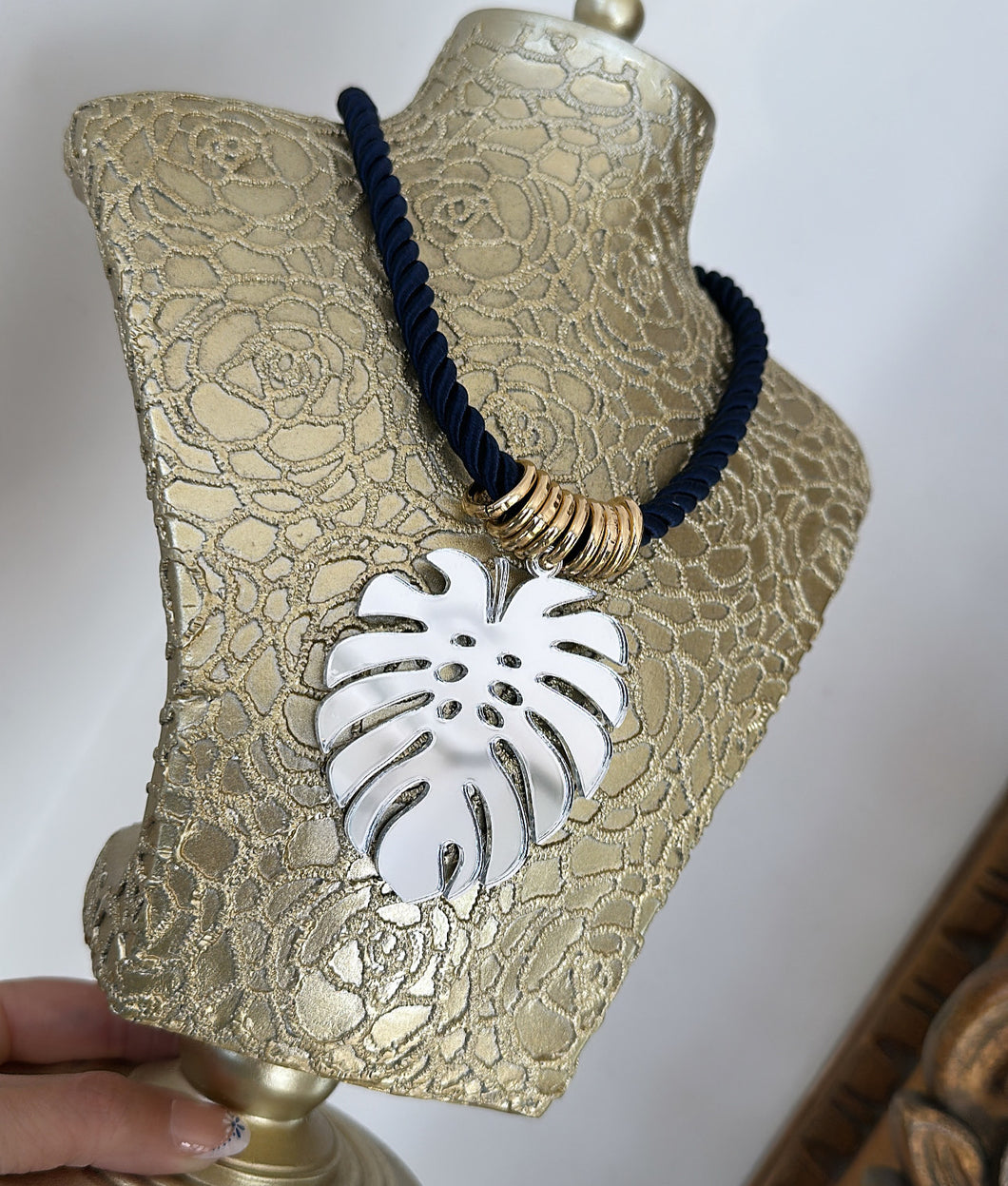 Navy leaf necklace